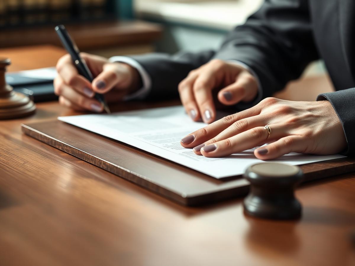 Mãos assinando um documento jurídico sobre mesa de madeira