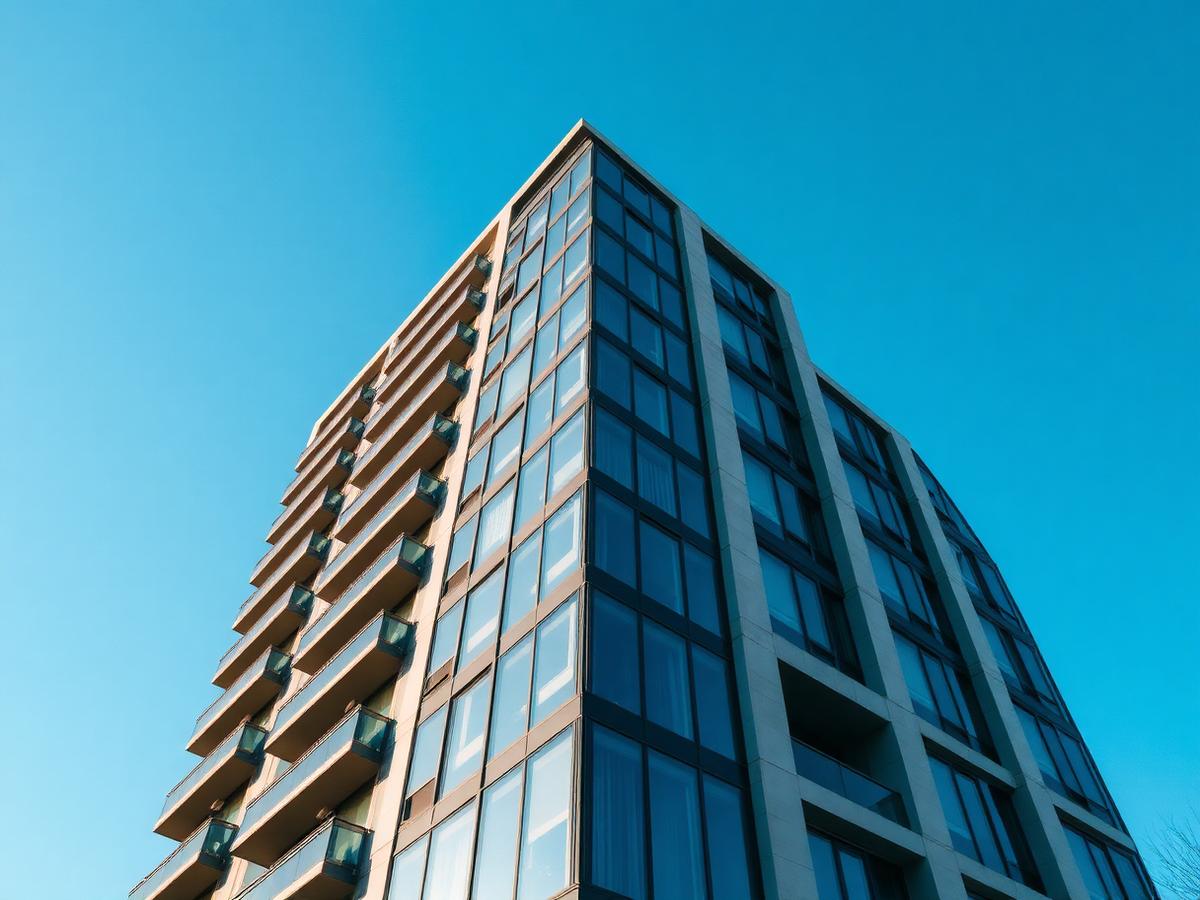 Fachada de edifício condominial moderno vista em contra-plongée