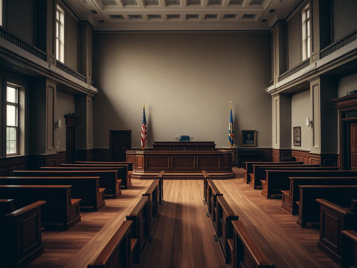 Interior de sala de tribunal com bancadas de madeira